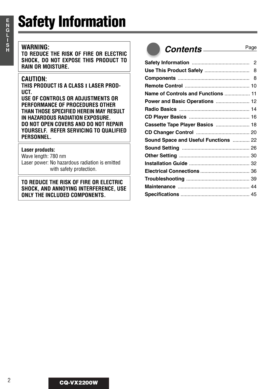 Panasonic CQ-VX2200W operating instructions Safety Information 