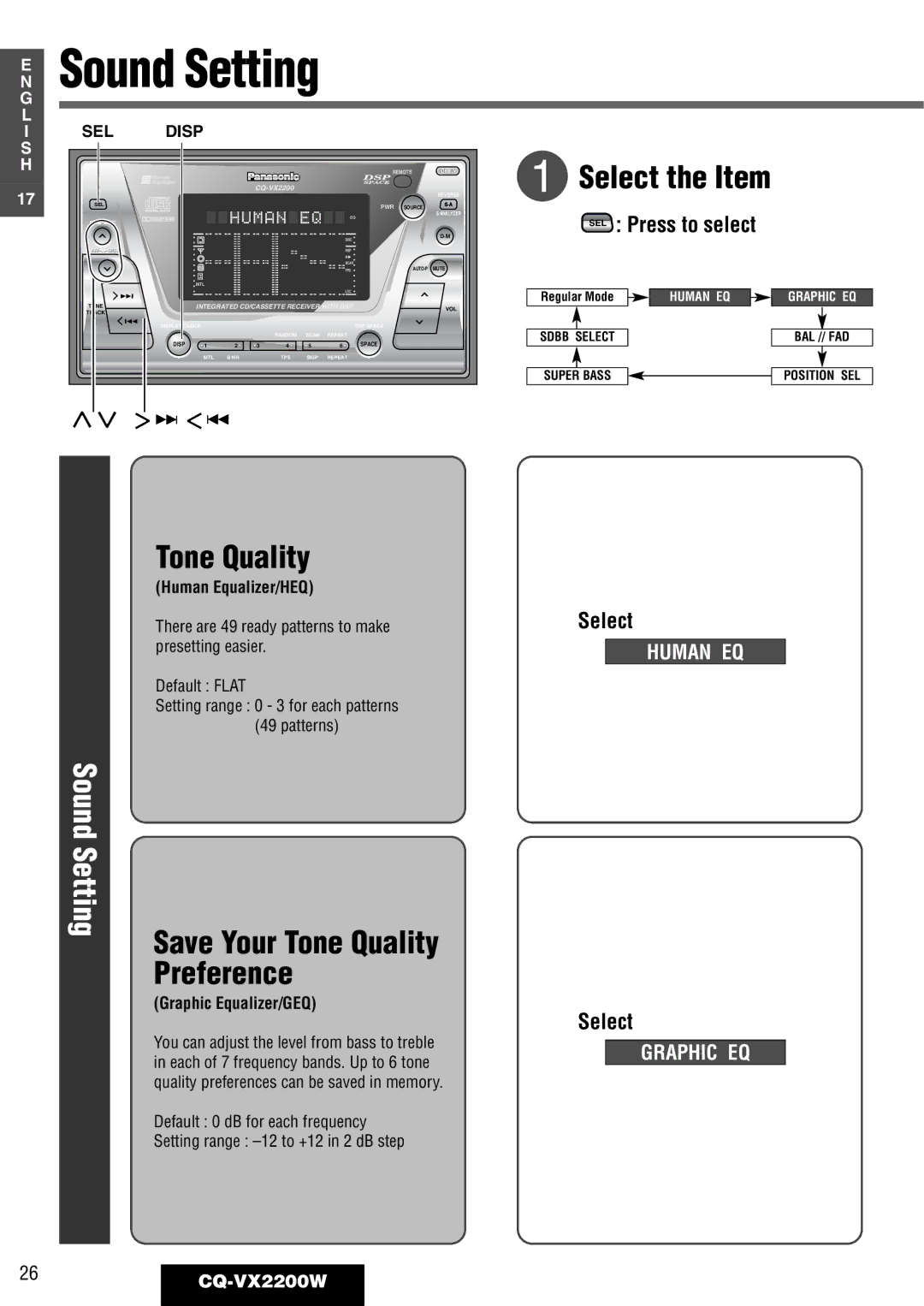 Panasonic CQ-VX2200W operating instructions Sound Setting, Save Your Tone Quality Preference, Press to select, Select 