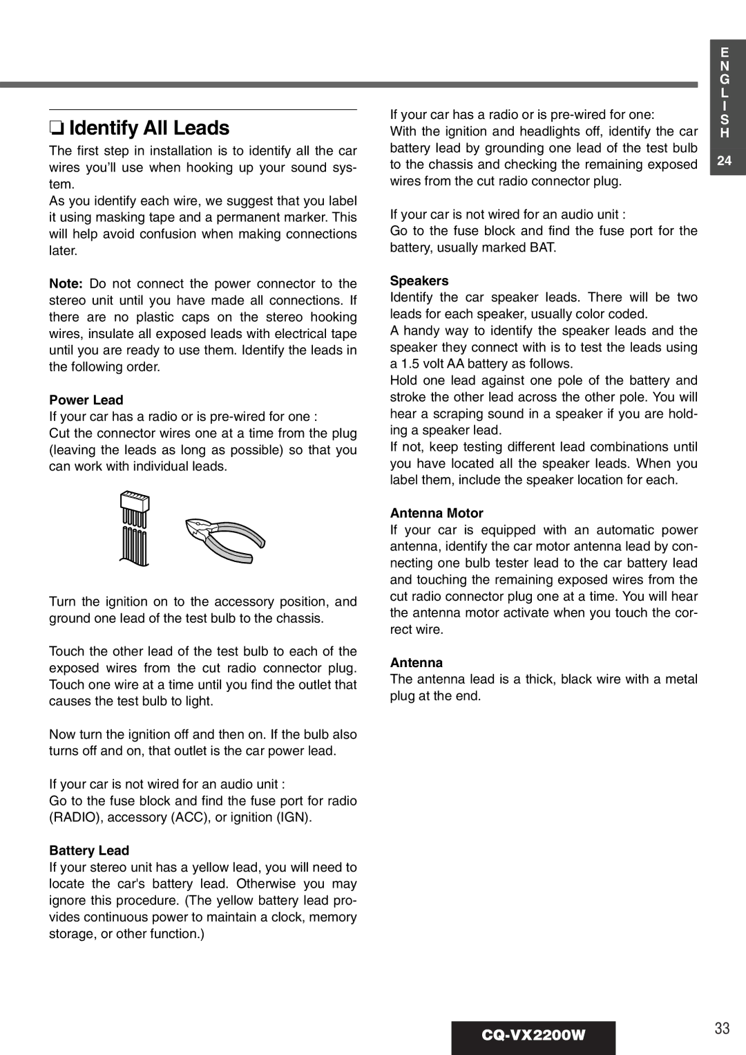 Panasonic CQ-VX2200W operating instructions Identify All Leads 