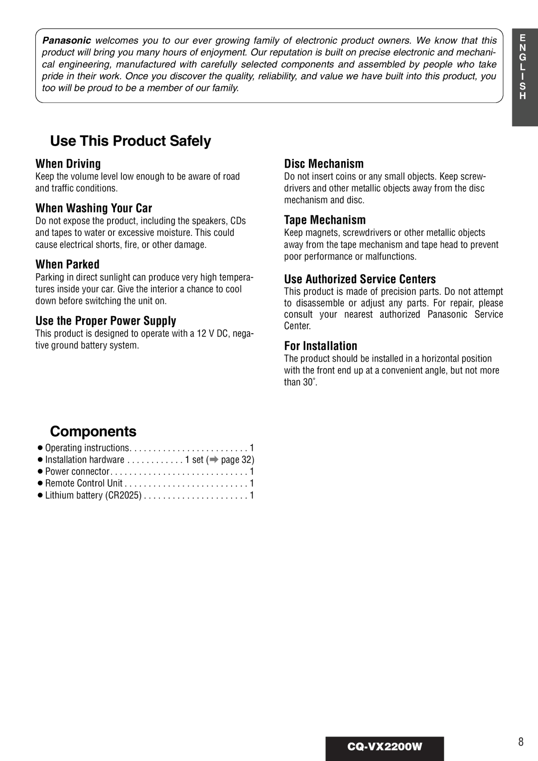 Panasonic CQ-VX2200W operating instructions Use This Product Safely, Components 