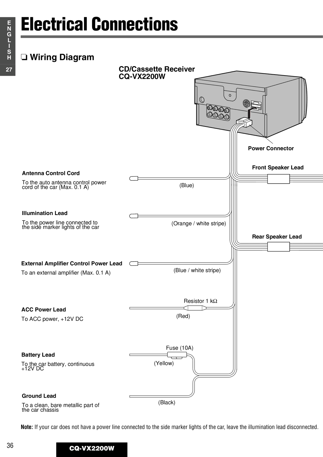 Panasonic operating instructions Electrical Connections, Wiring Diagram, CD/Cassette Receiver CQ-VX2200W 