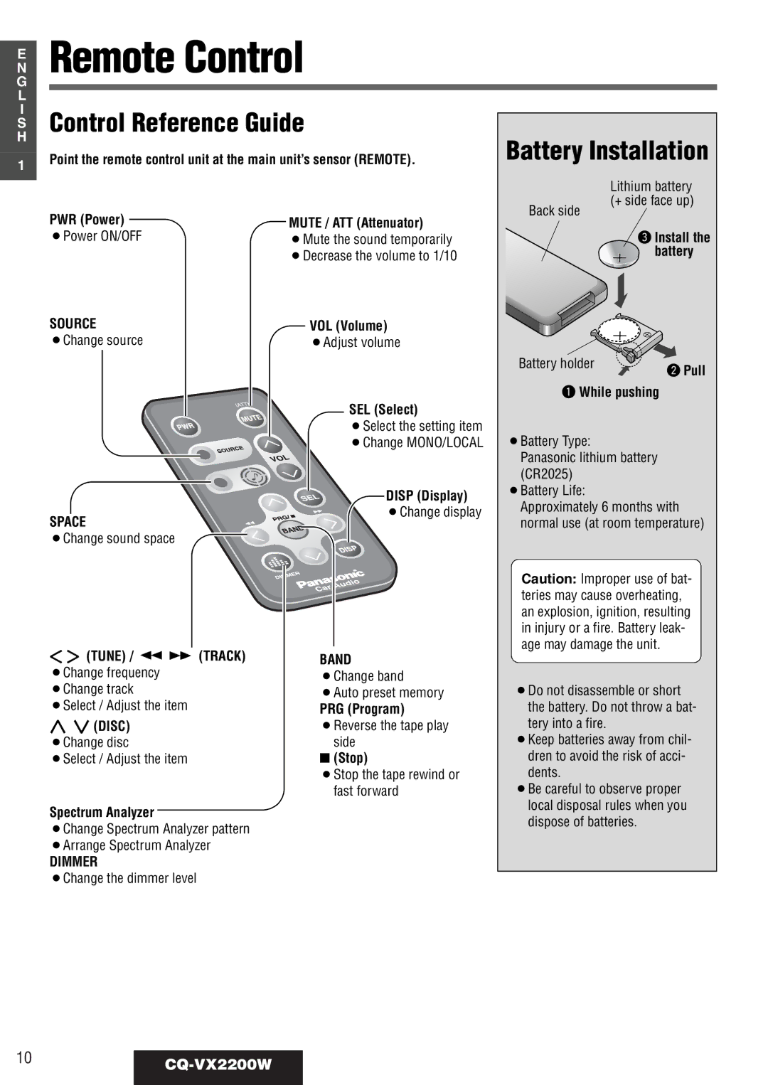 Panasonic CQ-VX2200W operating instructions Remote Control, Control Reference Guide, Battery Installation 