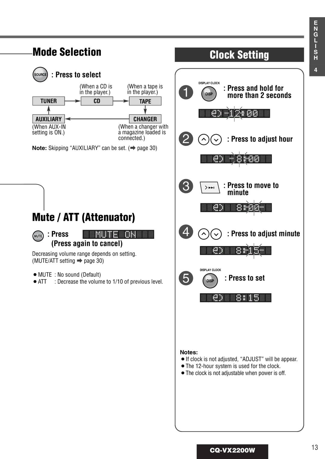 Panasonic CQ-VX2200W operating instructions Mode Selection, Mute / ATT Attenuator, Clock Setting 