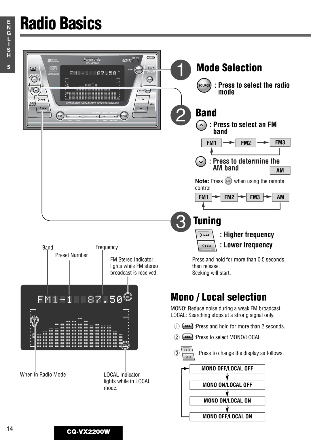 Panasonic CQ-VX2200W operating instructions Band, Tuning, Mono / Local selection 