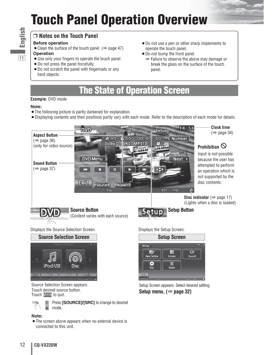 Panasonic CQ-VX220W manual Touch Panel Operation Overview 