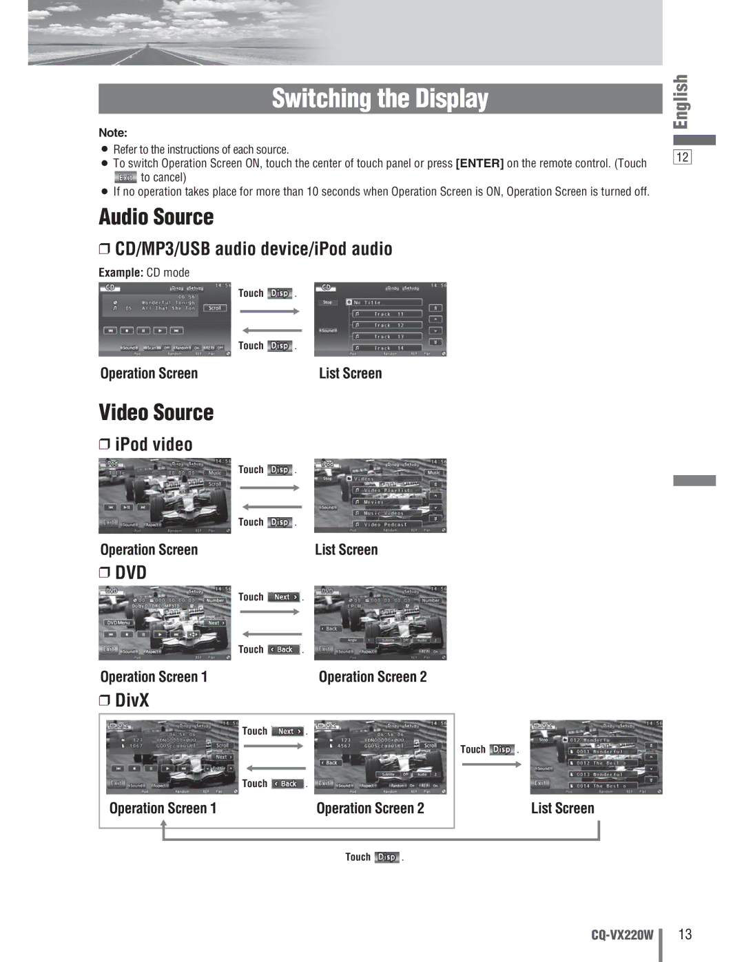 Panasonic CQ-VX220W manual Audio Source, Video Source, Operation Screen, List Screen, Example CD mode 