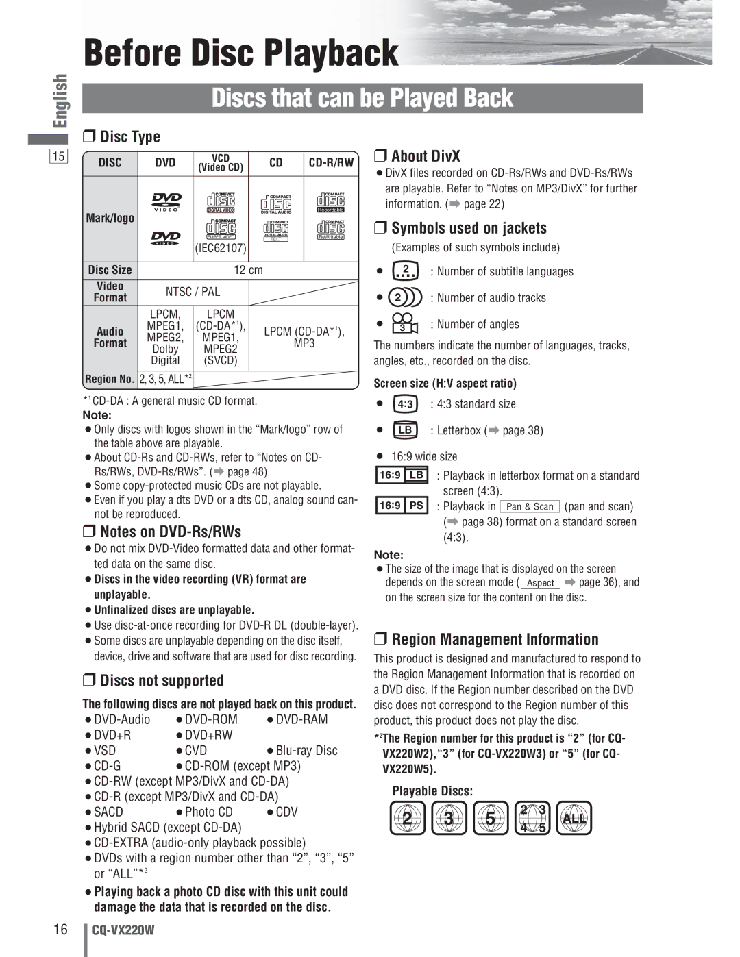 Panasonic CQ-VX220W manual Before Disc Playback 