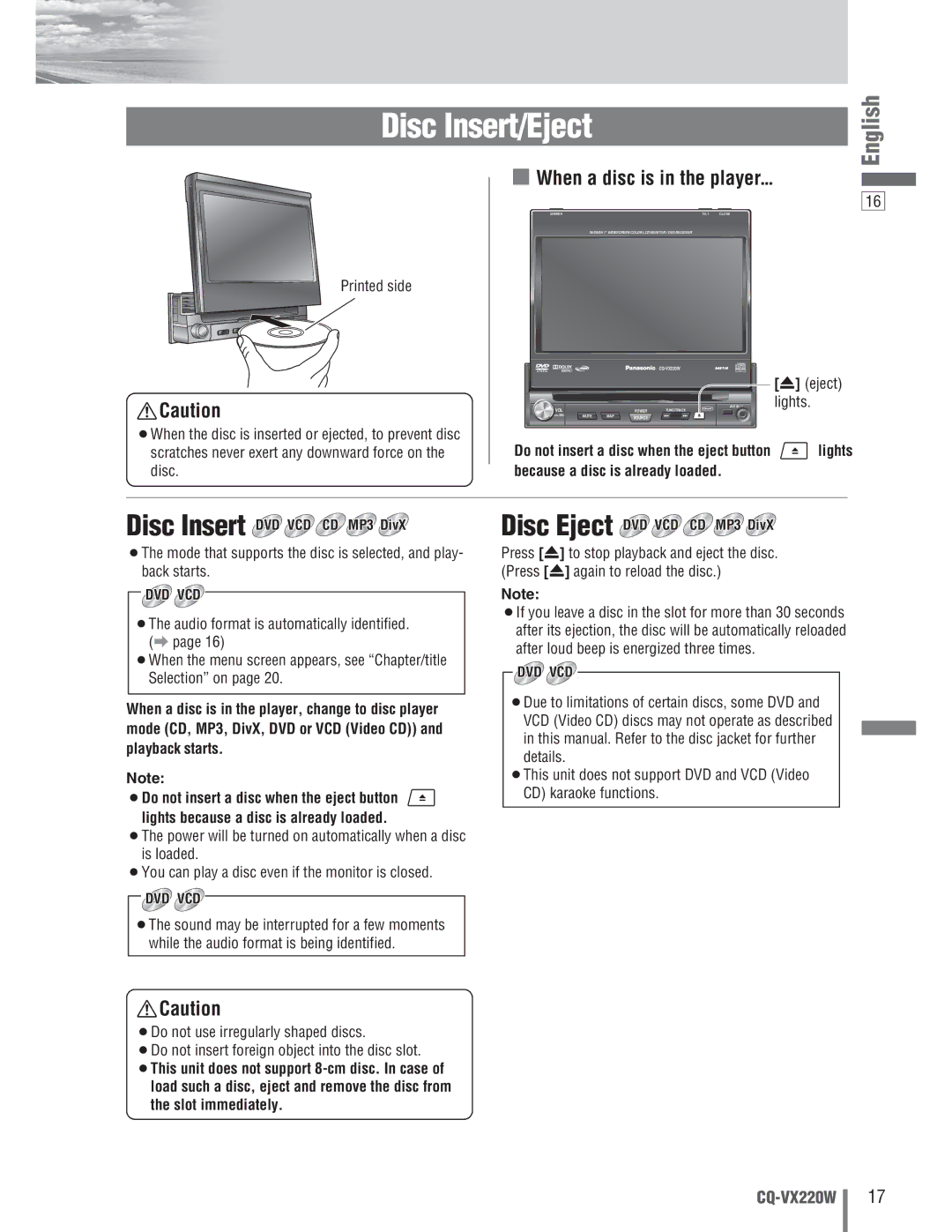 Panasonic CQ-VX220W manual When a disc is in the player, Because a disc is already loaded 