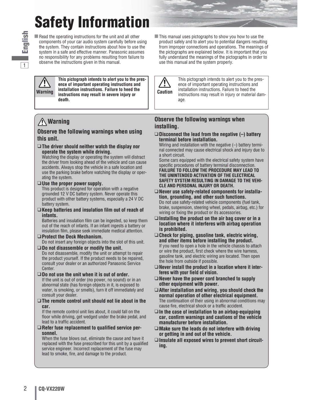 Panasonic CQ-VX220W Observe the following warnings when using this unit, Observe the following warnings when installing 