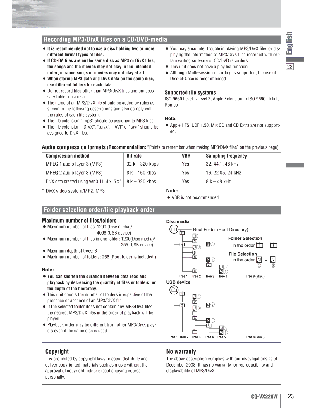 Panasonic CQ-VX220W Copyright No warranty, Supported file systems, Maximum number of files/folders, Sampling frequency 