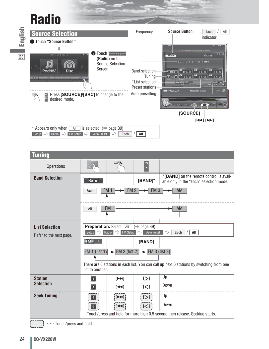 Panasonic CQ-VX220W manual Radio, Tuning 