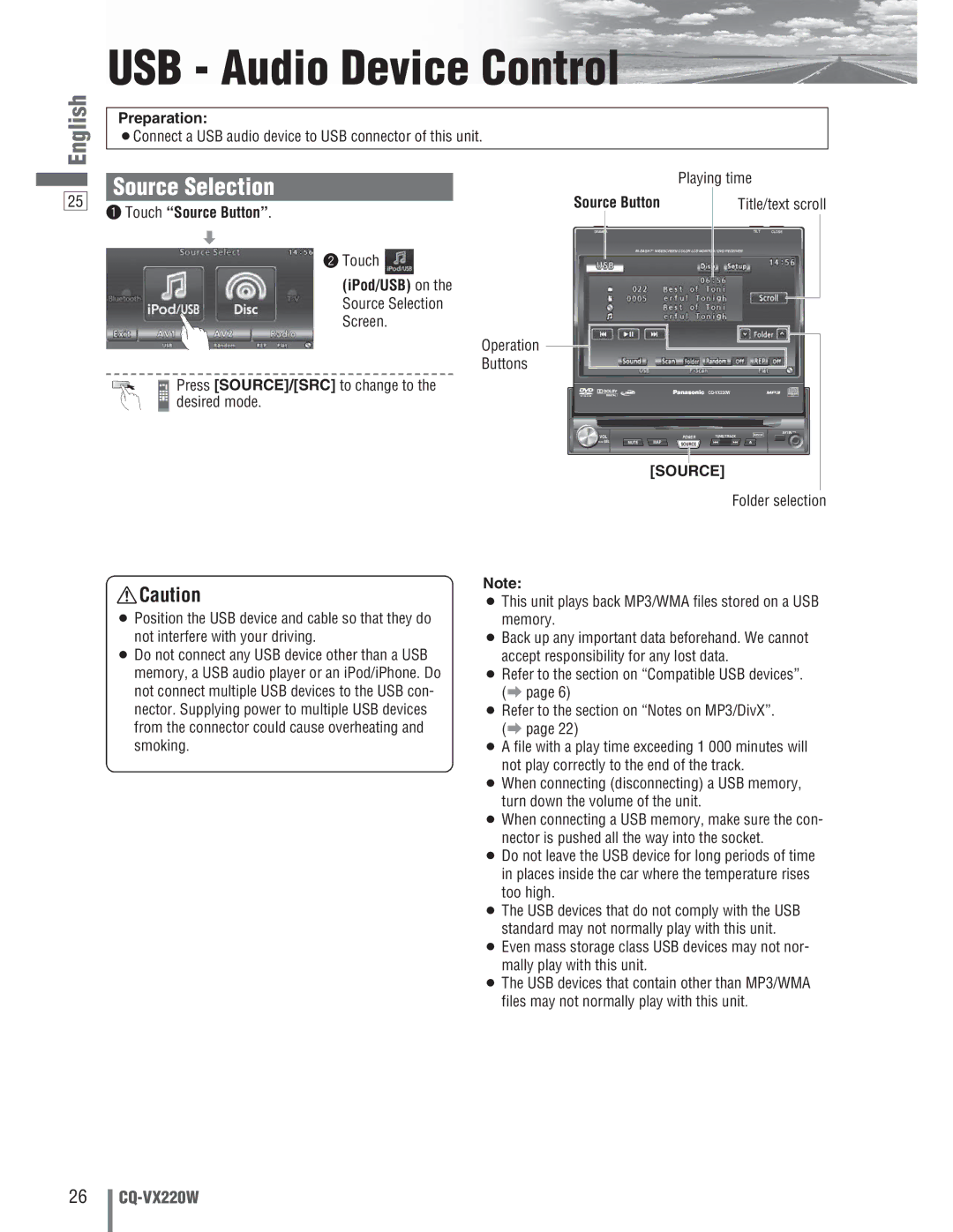 Panasonic CQ-VX220W manual USB Audio Device Control, Preparation, ¡Connect a USB audio device to USB connector of this unit 