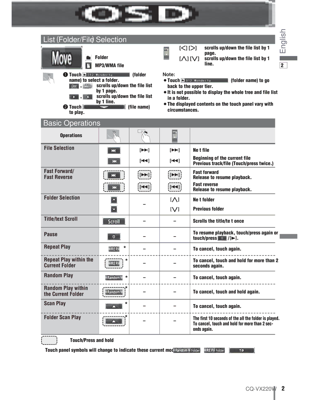 Panasonic CQ-VX220W manual List Folder/File Selection, Random Play within, Current Folder Scan Play 