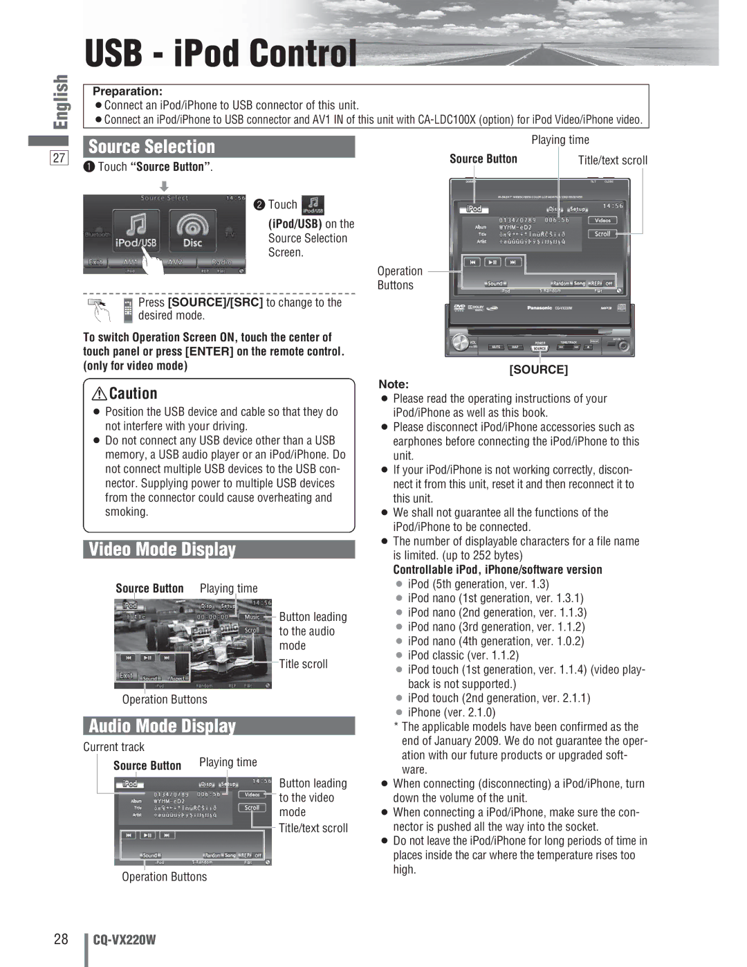 Panasonic CQ-VX220W manual USB iPod Control, Title scroll Operation Buttons, Controllable iPod, iPhone/software version 