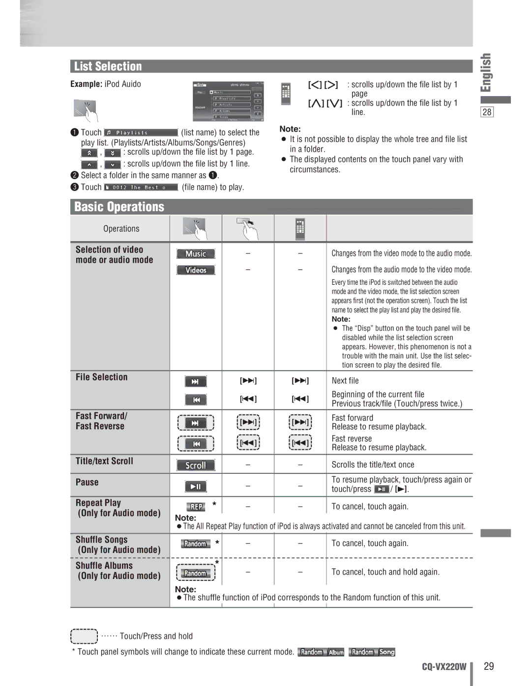 Panasonic CQ-VX220W manual Selection of video, Mode or audio mode, Shuffle Songs, Shuffle Albums, Only for Audio mode 