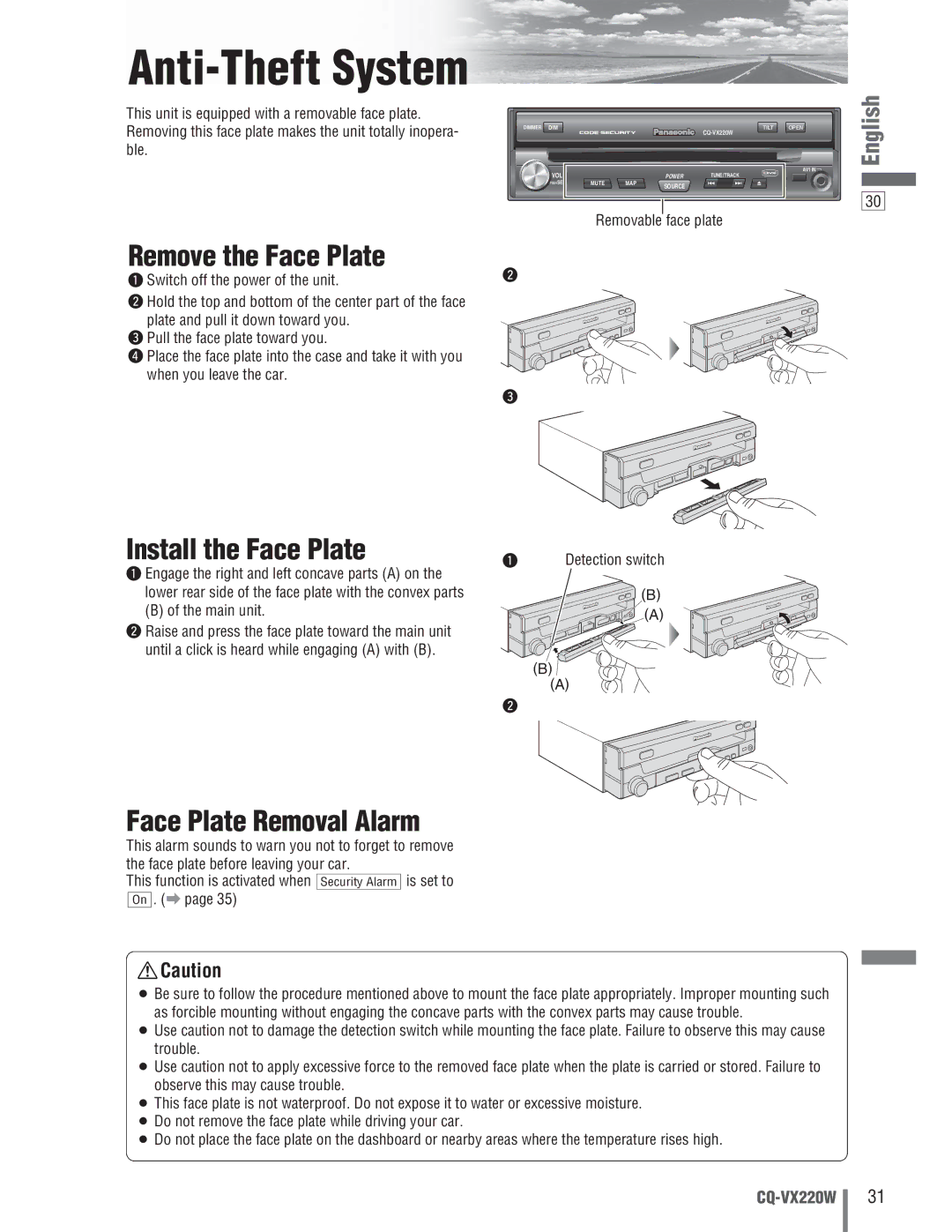 Panasonic CQ-VX220W manual Remove the Face Plate, Install the Face Plate, Face Plate Removal Alarm 