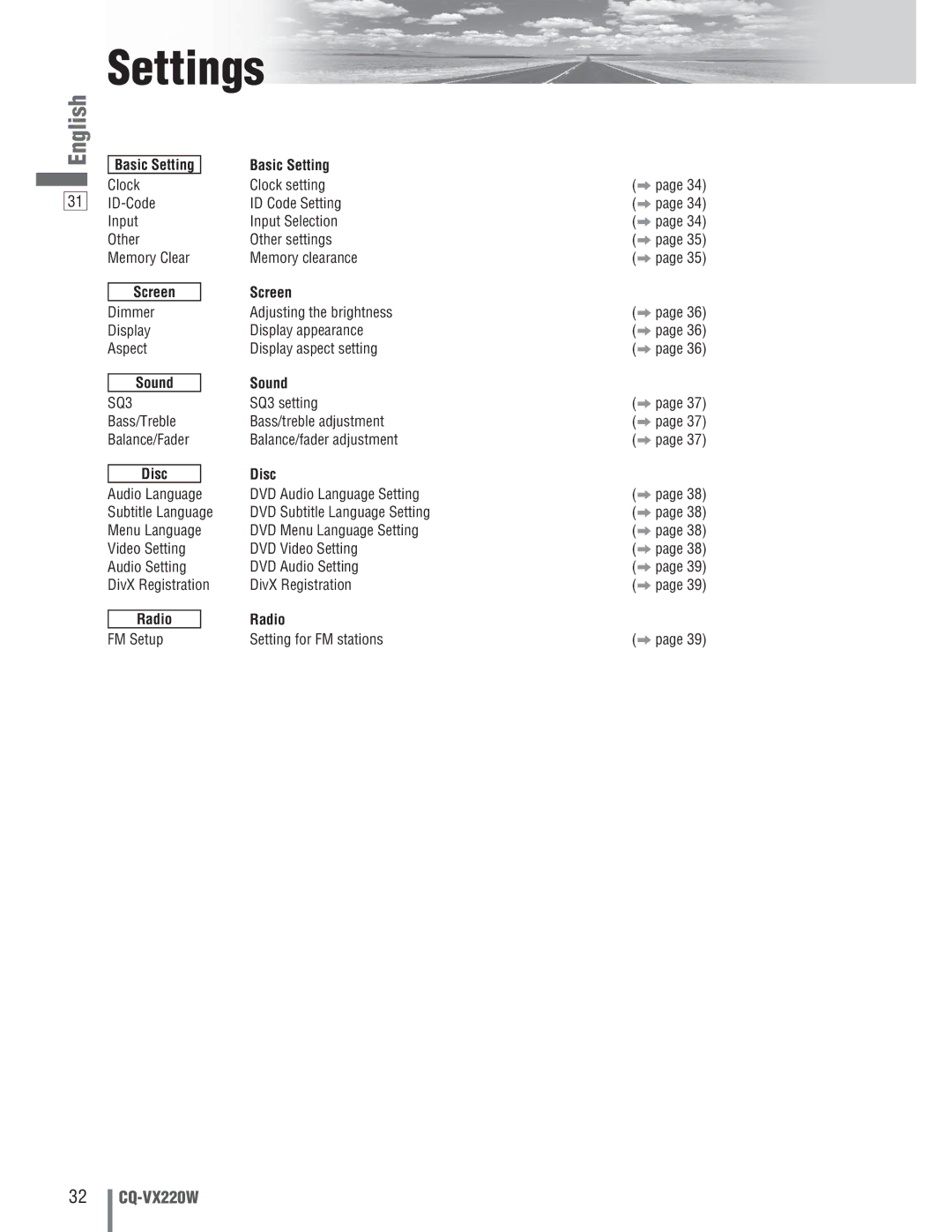 Panasonic CQ-VX220W manual Settings, Basic Setting, Sound, Disc, Radio 