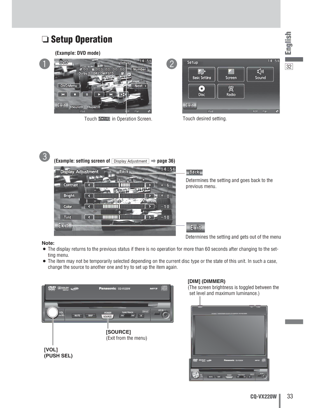 Panasonic CQ-VX220W manual Setup Operation, Touch Operation Screen, Example setting screen of Display Adjustment a 