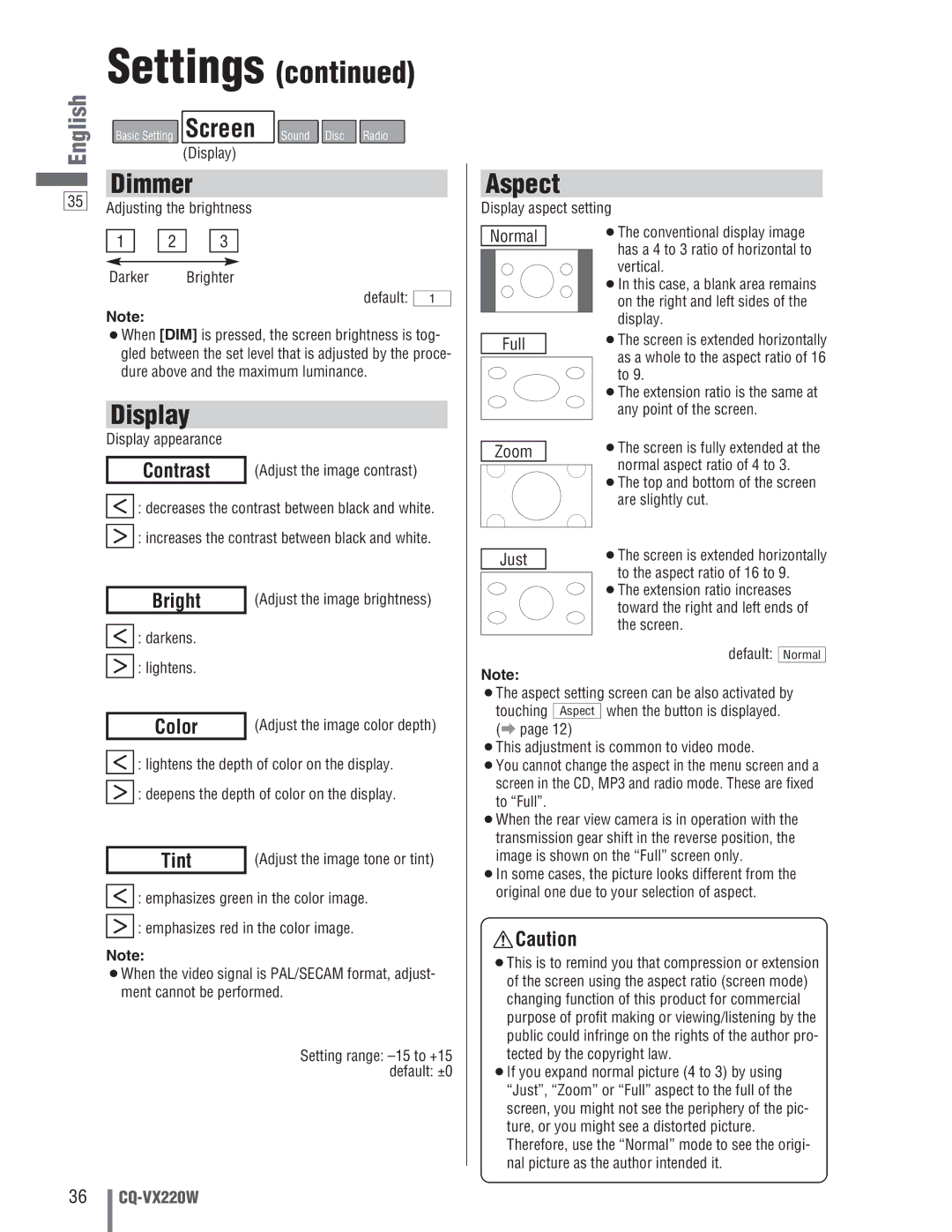 Panasonic CQ-VX220W manual Contrast, Bright, Color, Tint 