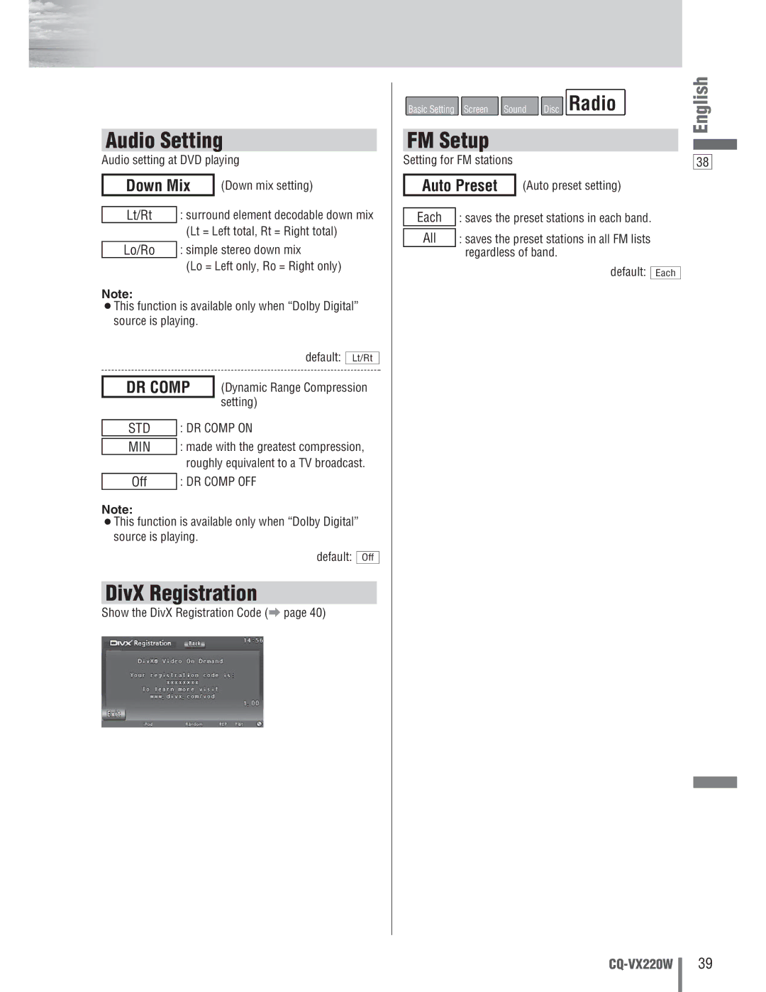 Panasonic CQ-VX220W manual Down Mix, Auto Preset 