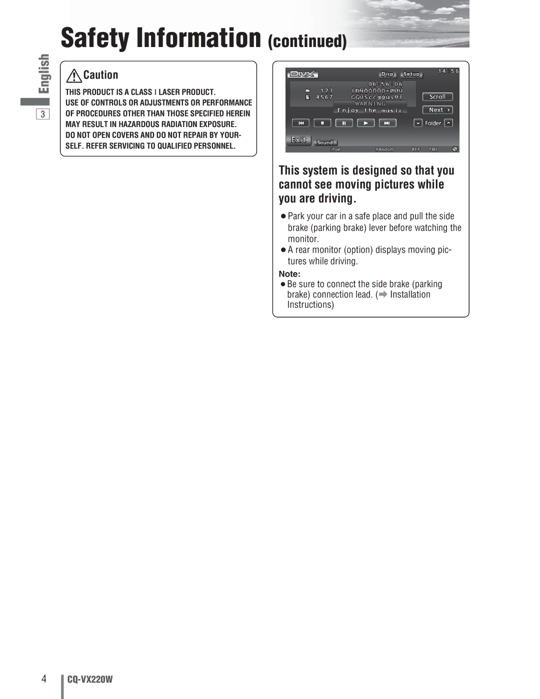 Panasonic CQ-VX220W manual Safety Information 