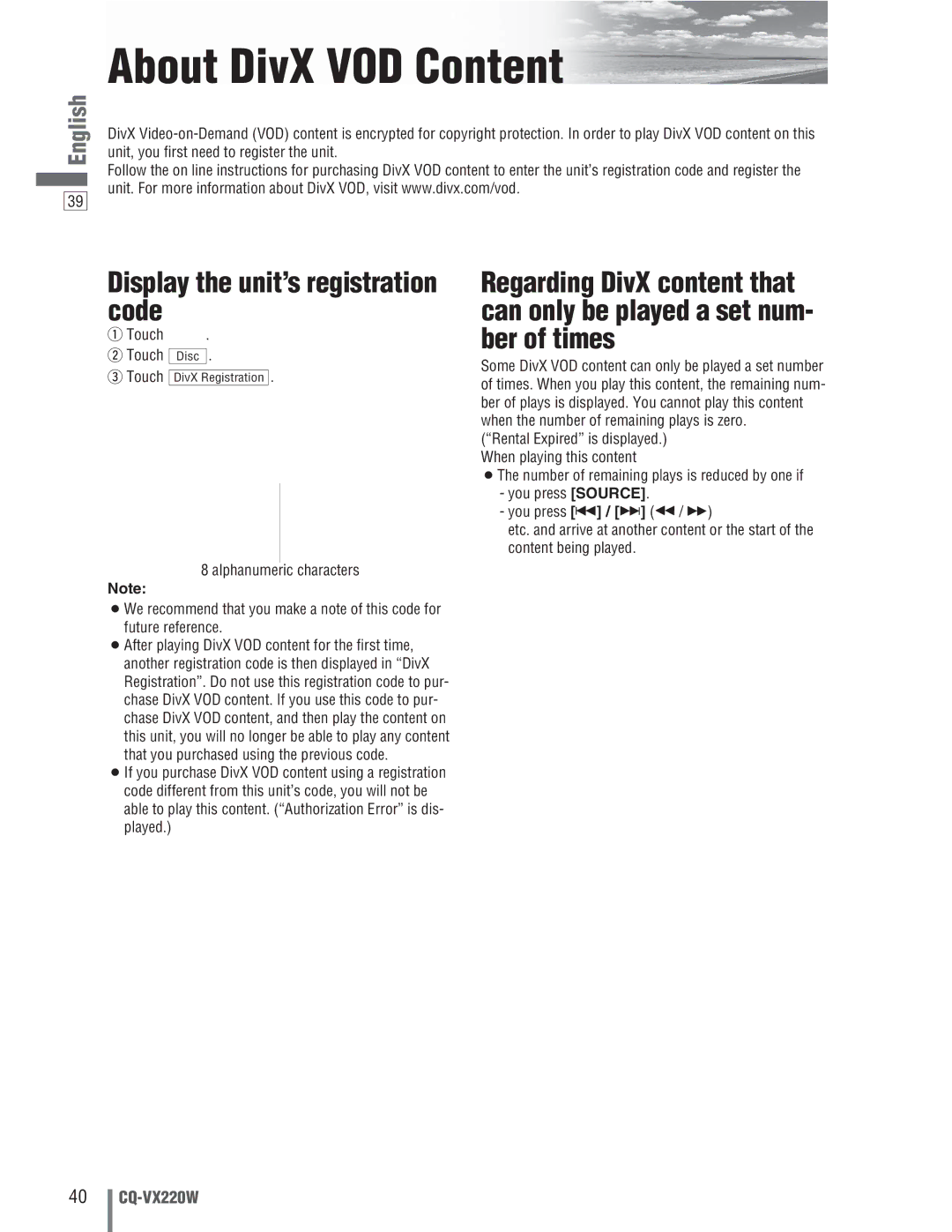 Panasonic CQ-VX220W manual About DivX VOD Content, Display the unit’s registration code, Touch Touch Disc 