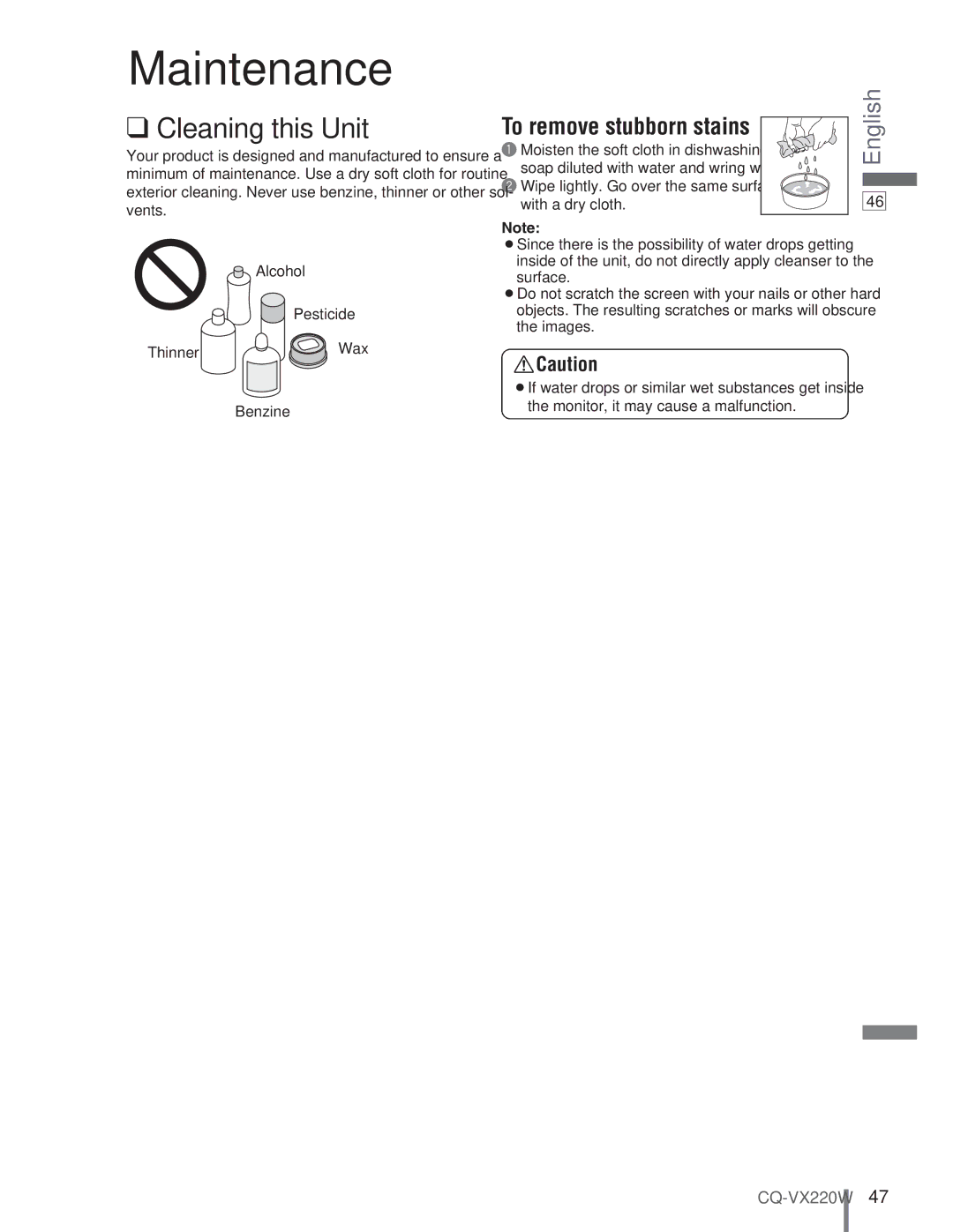 Panasonic CQ-VX220W manual Maintenance, Cleaning this Unit, Thinner BeBenzine 