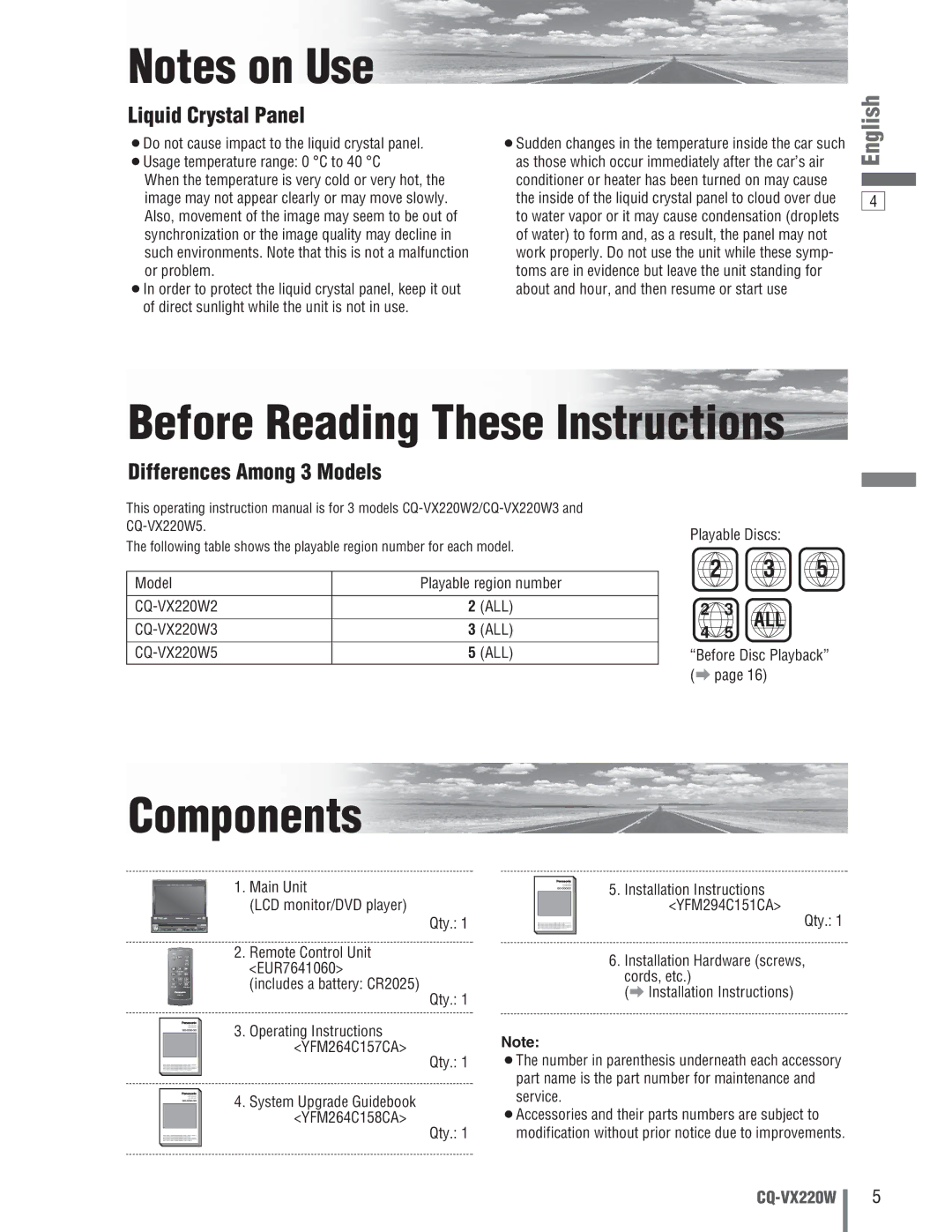 Panasonic CQ-VX220W manual Before Reading These Instructions, Components 