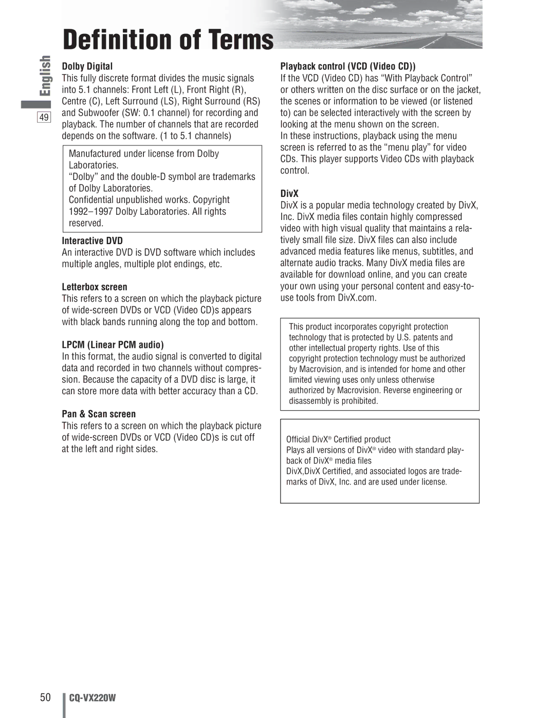 Panasonic CQ-VX220W manual Dolby Digital, Interactive DVD, Letterbox screen, Lpcm Linear PCM audio, Pan & Scan screen 