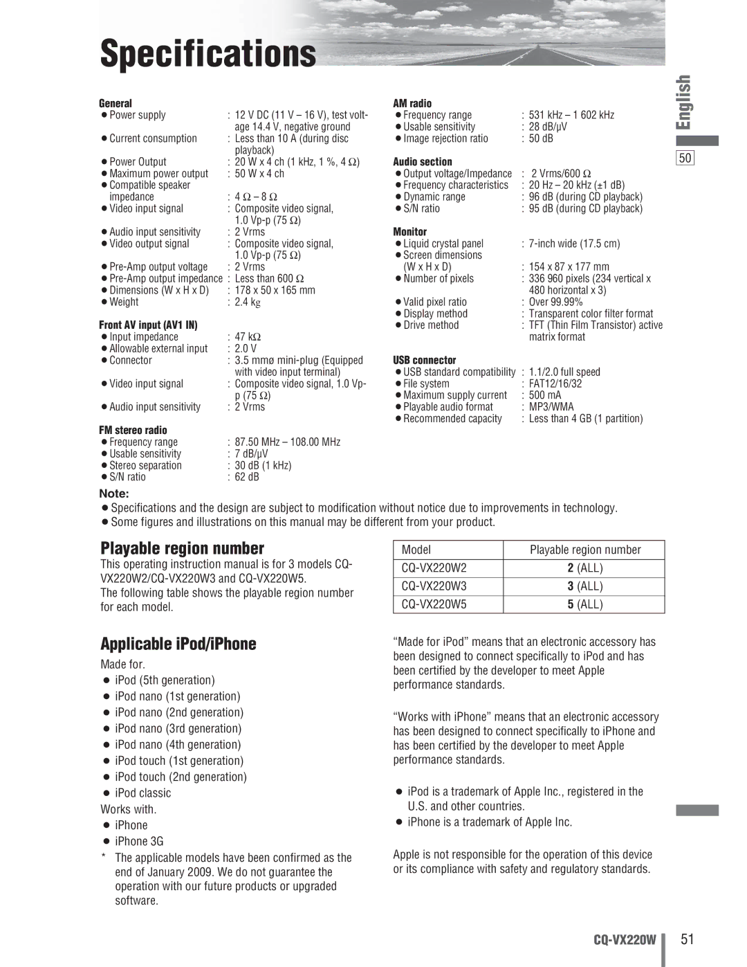 Panasonic CQ-VX220W manual Specifications 