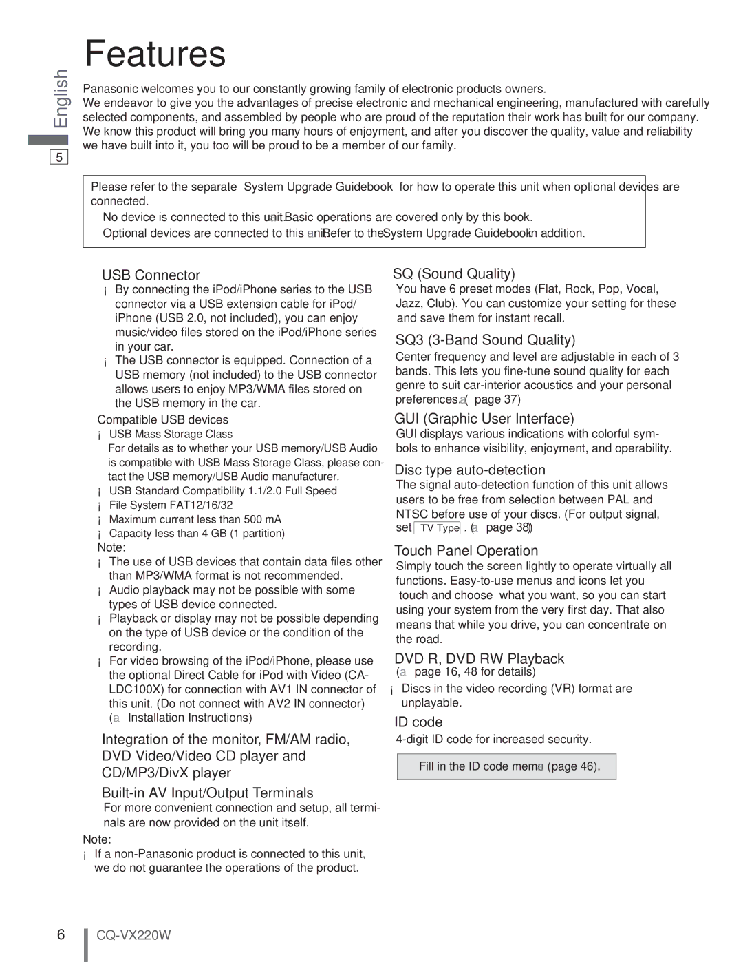 Panasonic CQ-VX220W manual Features 