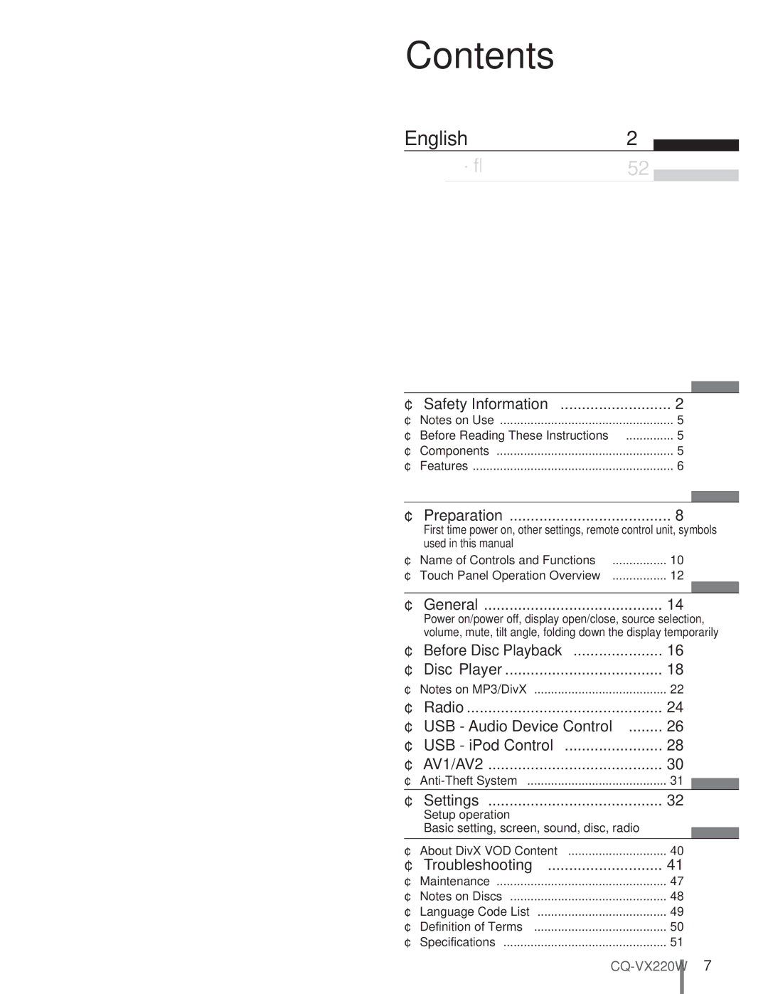 Panasonic CQ-VX220W manual Contents 