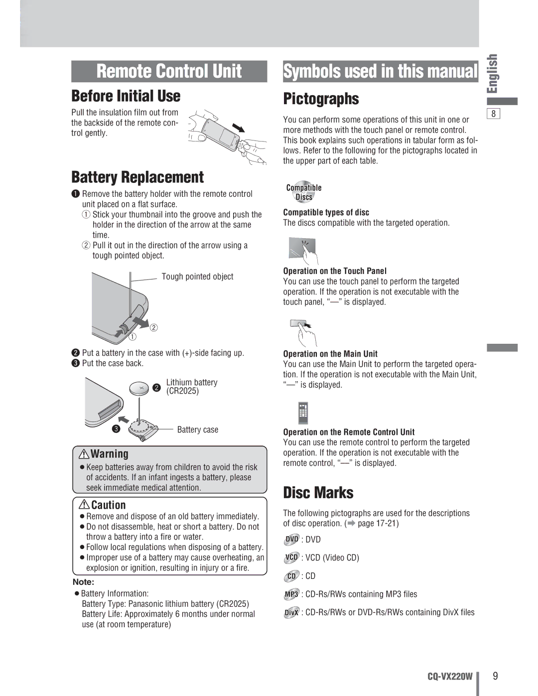 Panasonic CQ-VX220W manual Before Initial Use, Battery Replacement, Pictographs, Disc Marks 