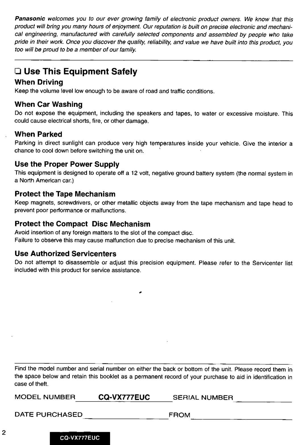 Panasonic CQ-VX777EUC manual 