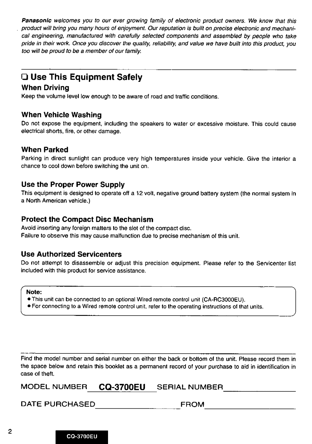 Panasonic CQ3700EU manual 