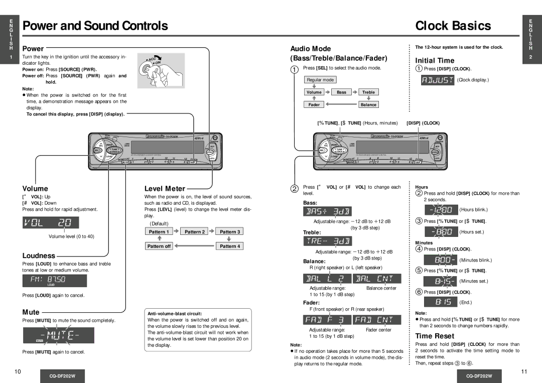 Panasonic CQDF202 manual Power, Volume Level Meter, Loudness, Mute, Time Reset 