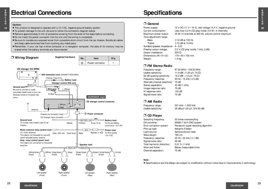 Panasonic CQDF202 manual Electrical Connections Speciﬁcations, Wiring Diagram, General, AM Radio, CD Player 