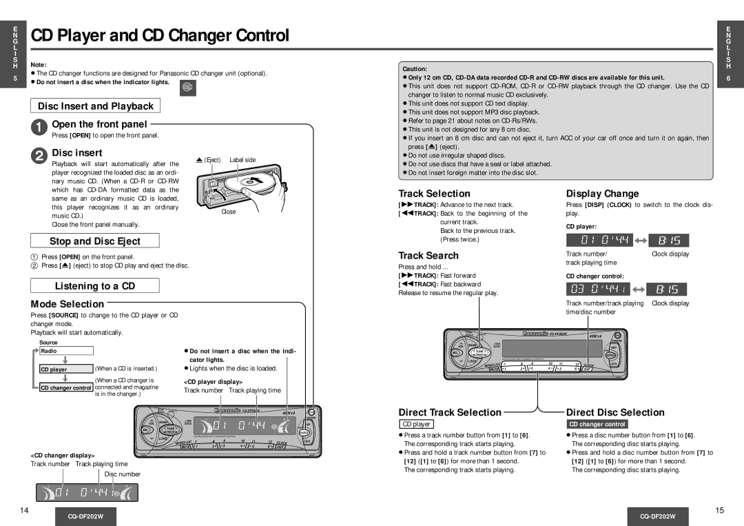 Panasonic CQDF202 manual Disc Insert and Playback Open the front panel, Disc insert, Stop and Disc Eject, Track Selection 