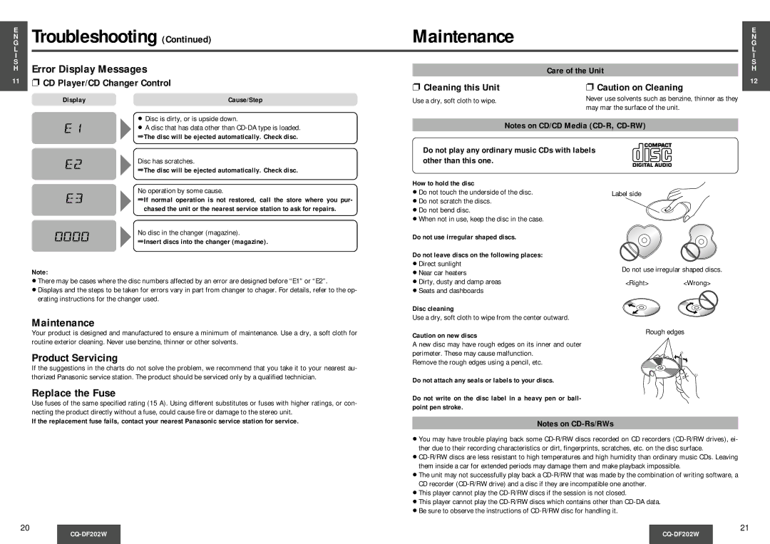 Panasonic CQDF202 manual Maintenance, Error Display Messages, Product Servicing, Replace the Fuse 