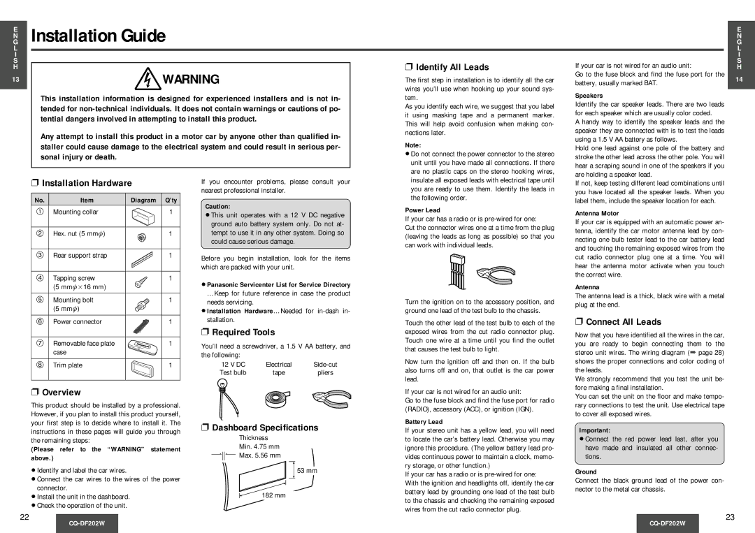 Panasonic CQDF202 manual Installation Guide 