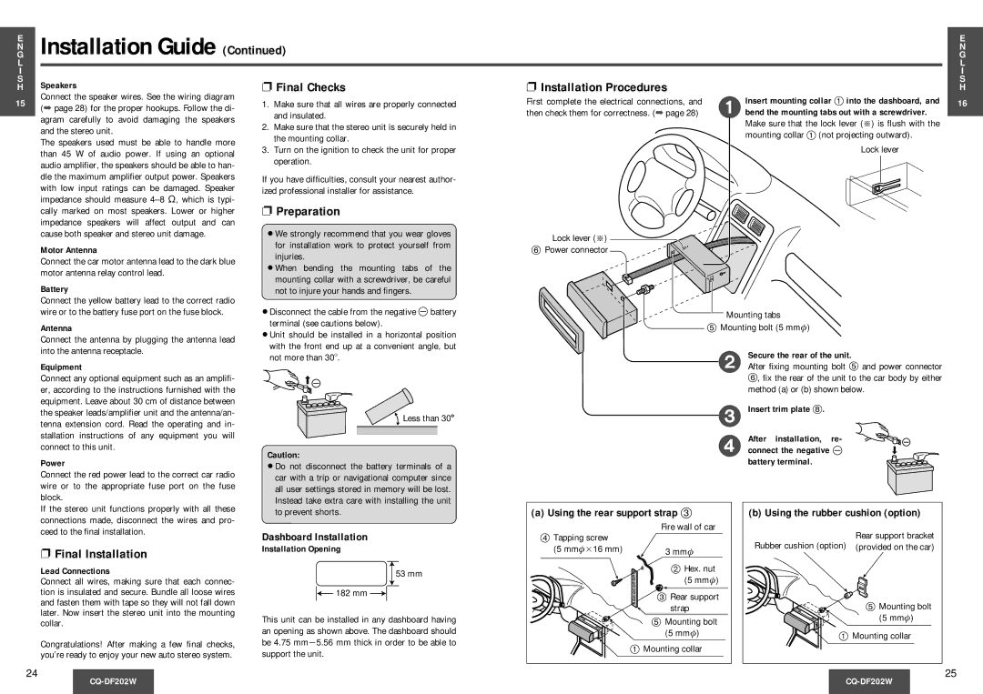 Panasonic CQDF202 manual Installation Guide, Preparation, Final Installation 