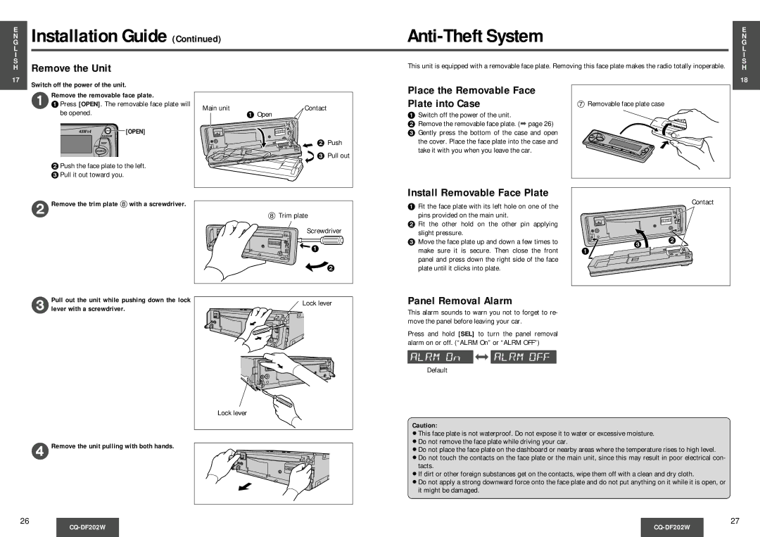 Panasonic CQDF202 Installation Guide Anti-Theft System, Remove the Unit, Install Removable Face Plate, Panel Removal Alarm 