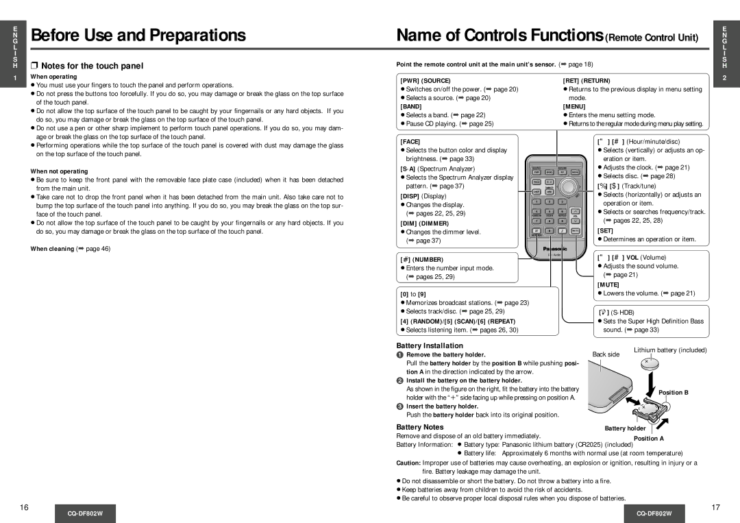 Panasonic CQDF802 manual Before Use and Preparations, Battery Installation, Battery Notes 