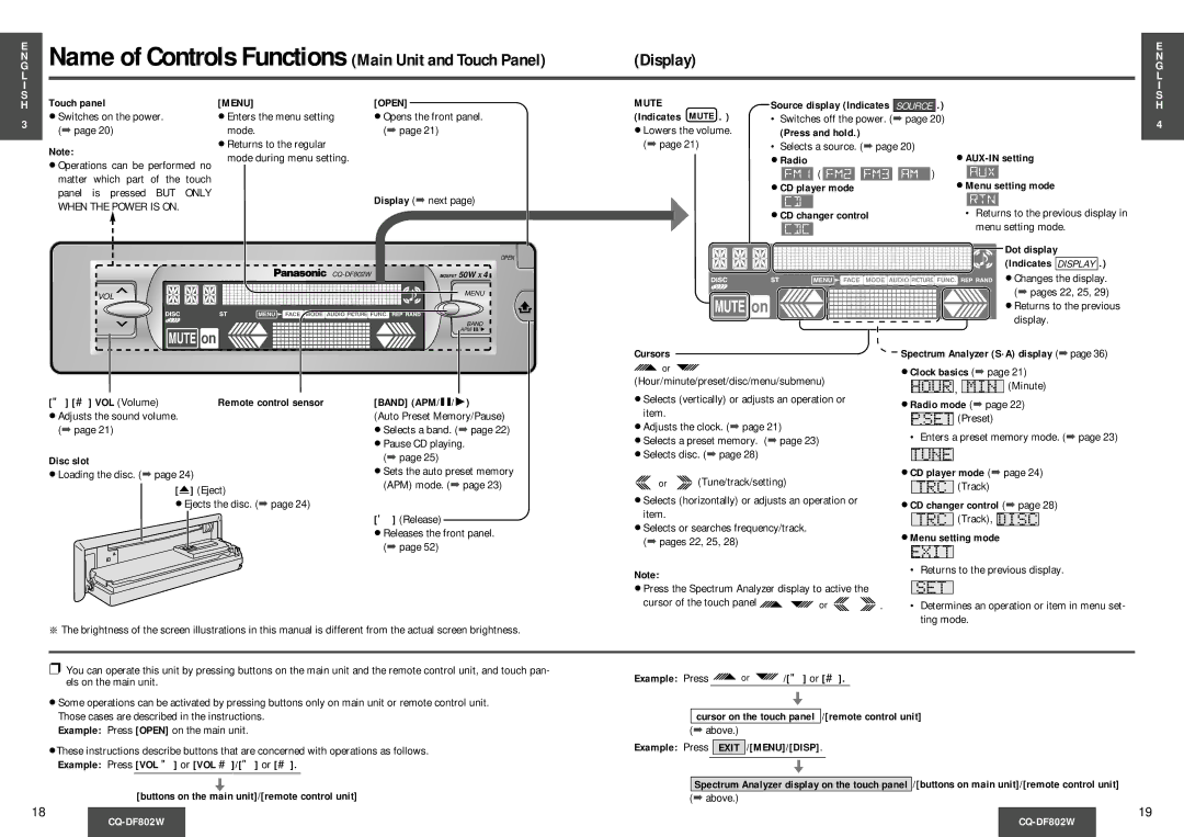 Panasonic CQDF802 manual Display, Menu Open Mute 