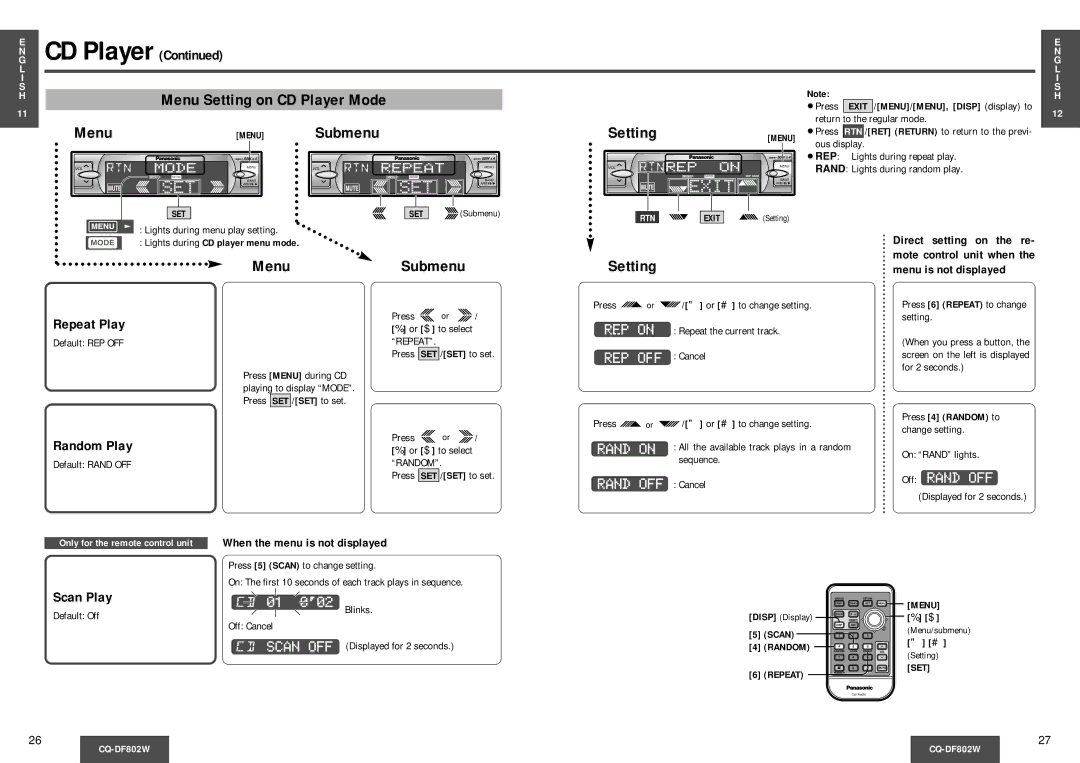 Panasonic CQDF802 manual Menu Submenu, Setting 