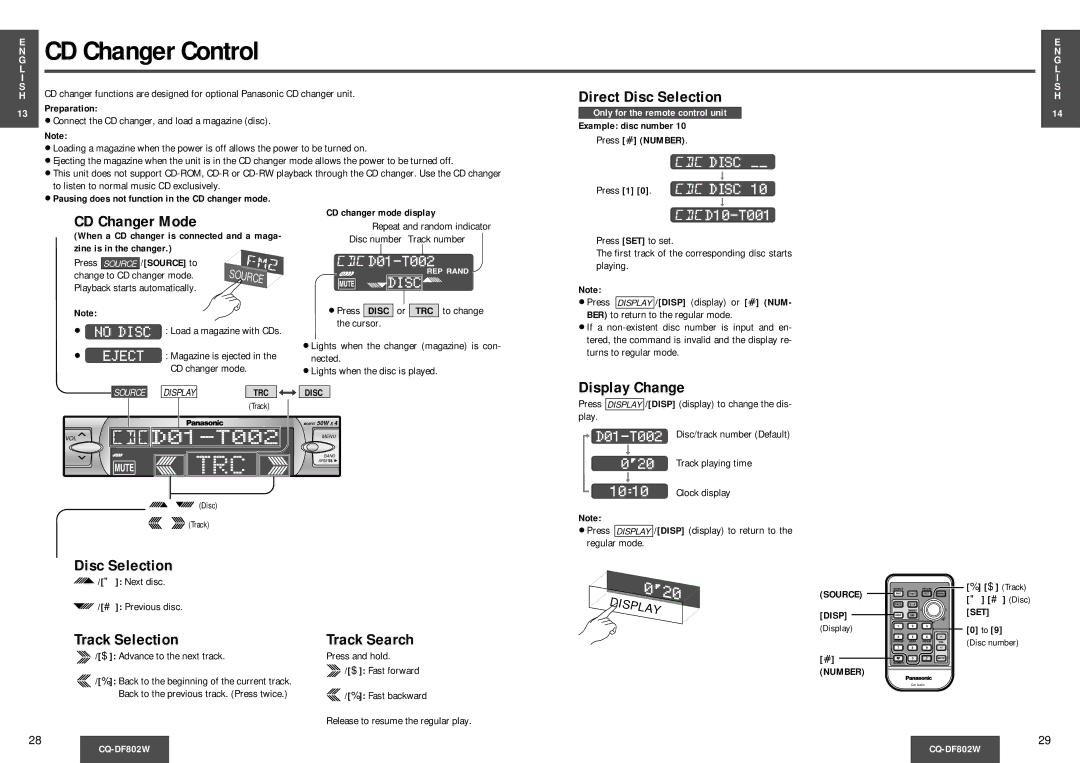 Panasonic CQDF802 manual CD Changer Control, Direct Disc Selection, CD Changer Mode 