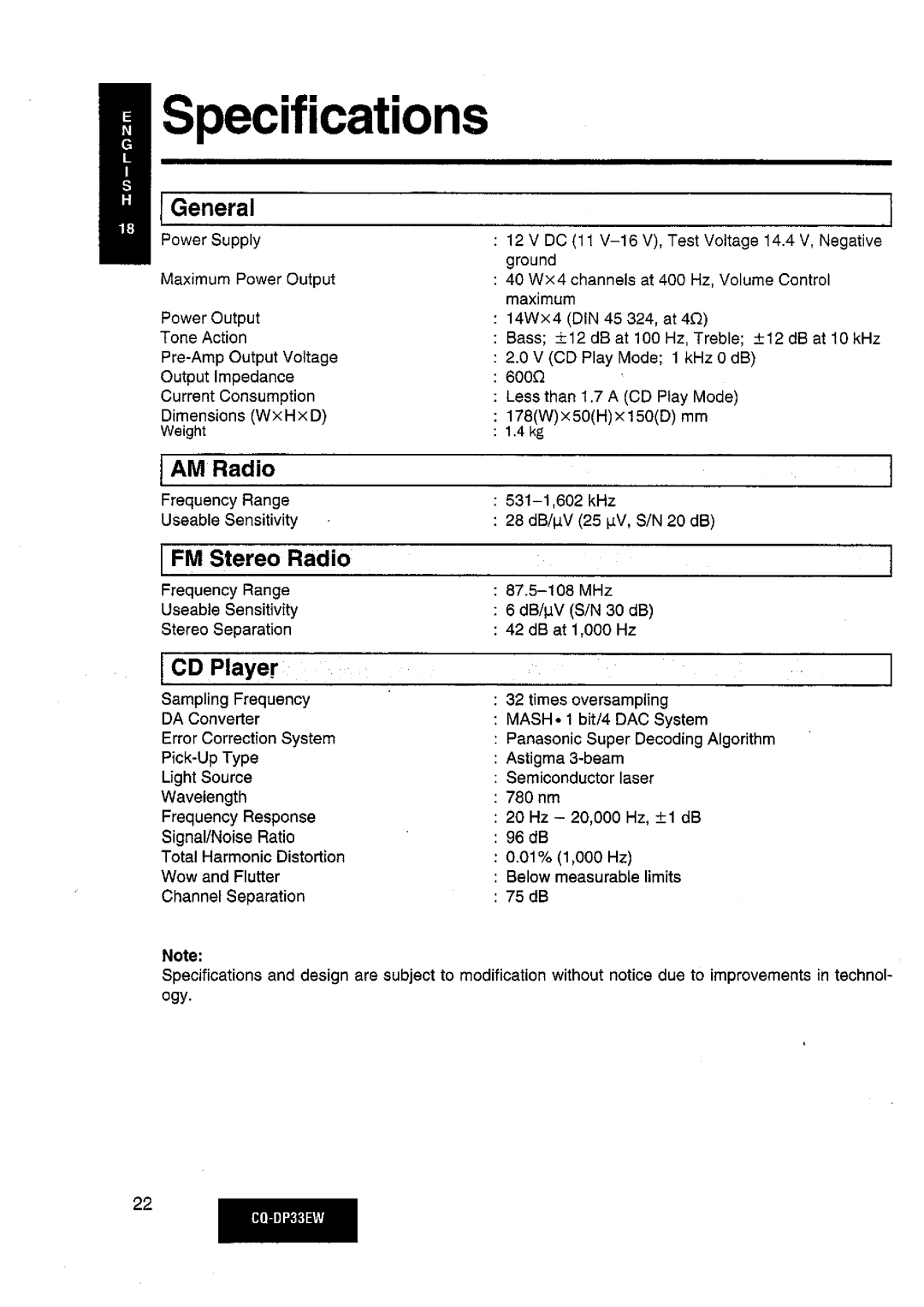 Panasonic CQDP33EW manual 