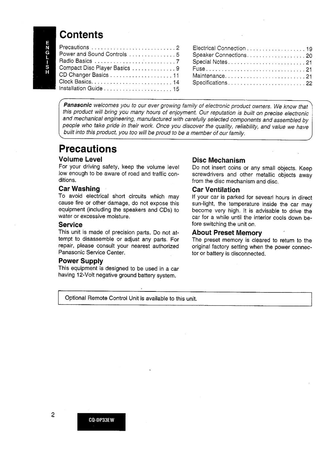 Panasonic CQDP33EW manual 