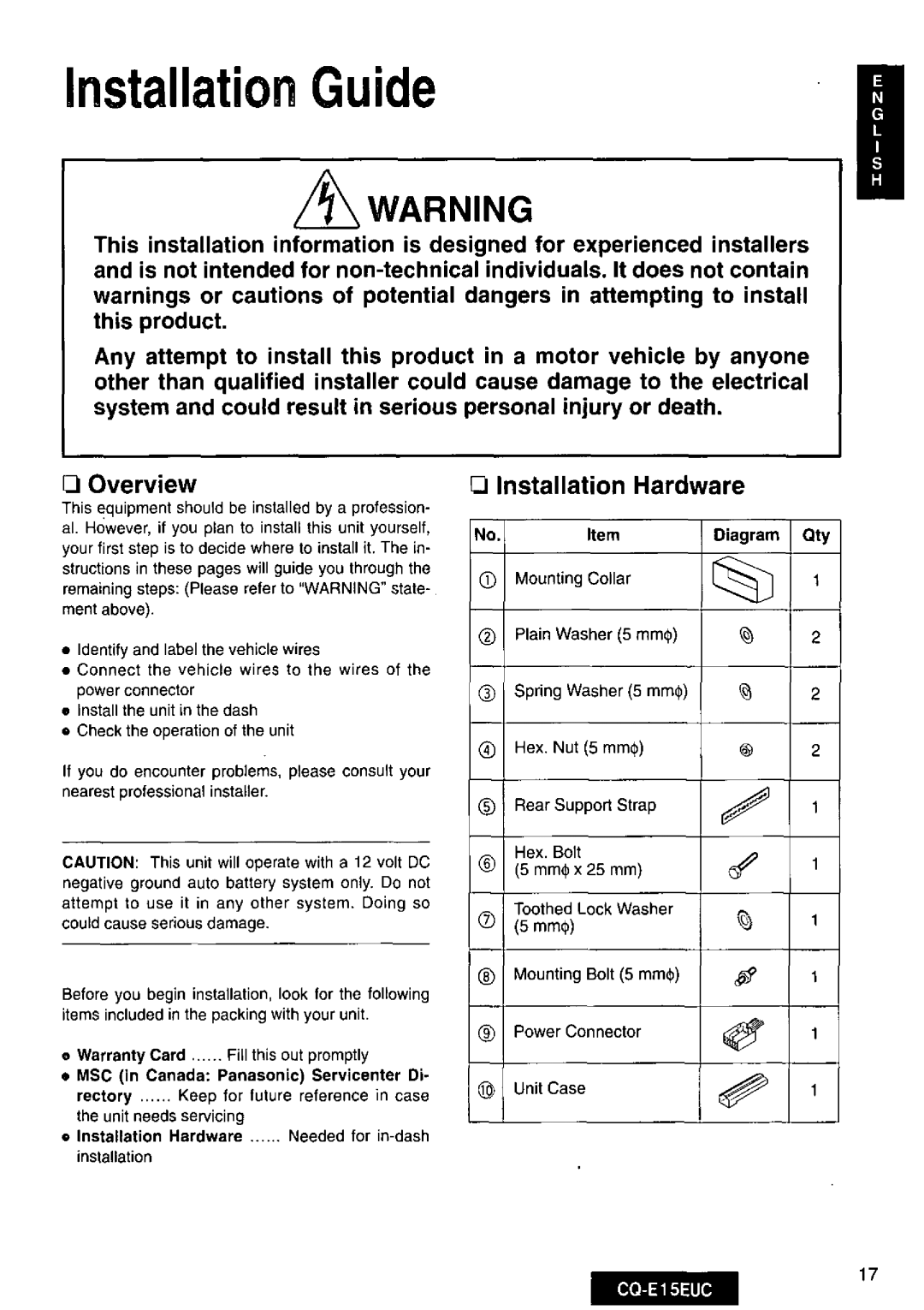 Panasonic CQE15EUC manual 