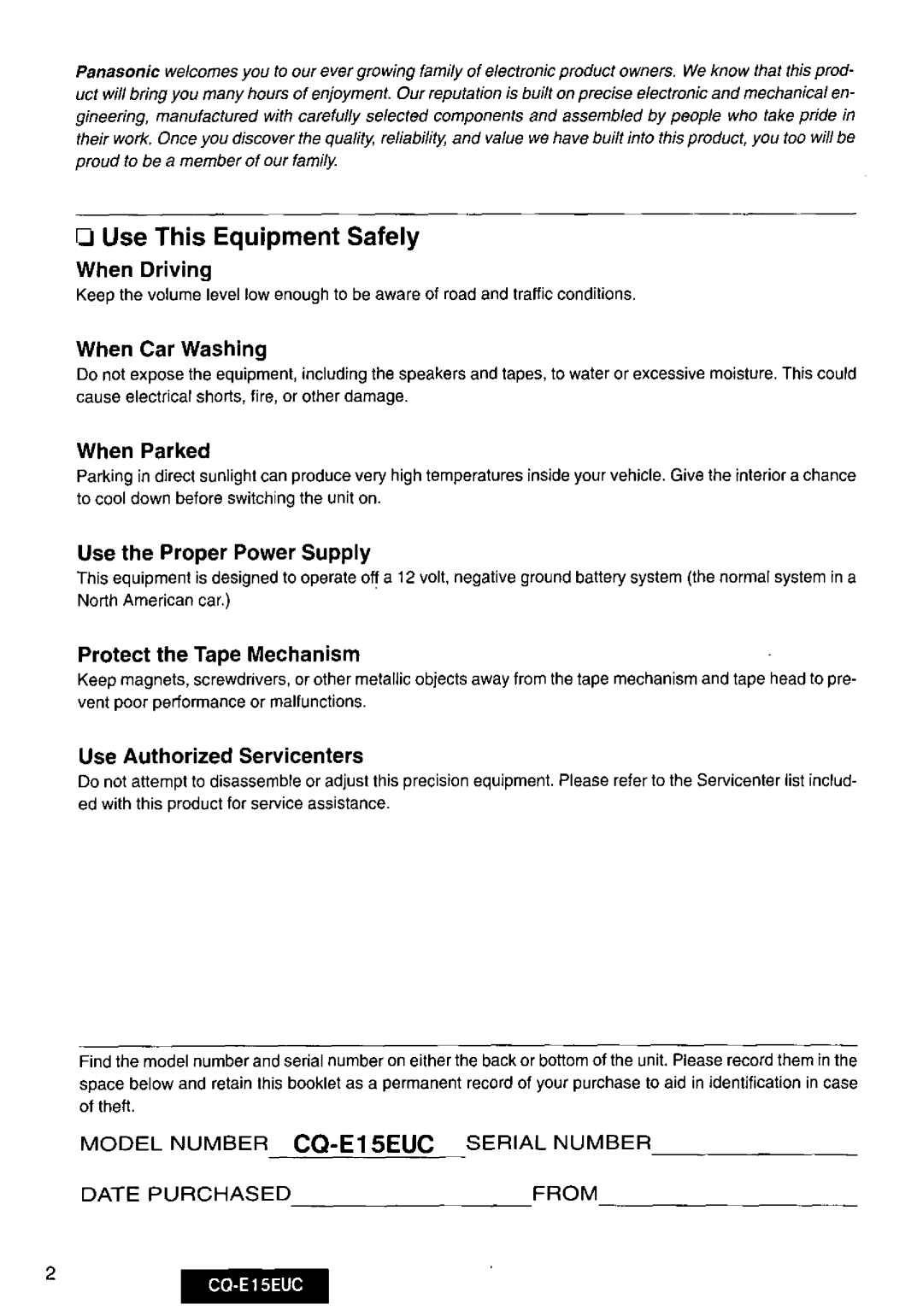 Panasonic CQE15EUC manual 